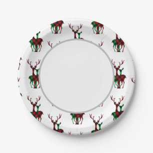 Elegant Red & Green Buffalo Plaid Reindeer Couple Paper Plates