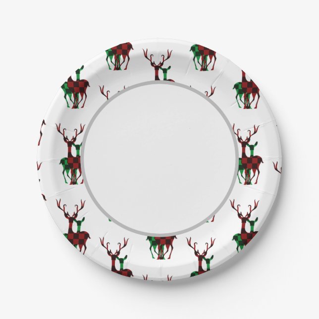 Elegant Red & Green Buffalo Plaid Reindeer Couple Paper Plates (Front)