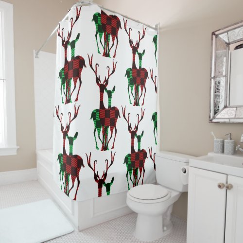 Elegant Red & Green Buffalo Plaid Reindeer Couple Shower Curtain