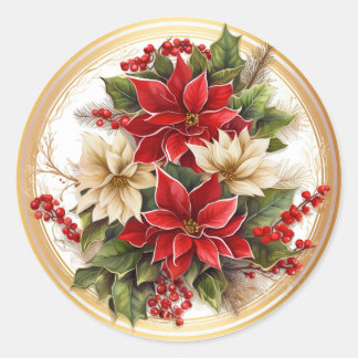 Elegant Red & Green Christmas Botanicals Classic Round Sticker