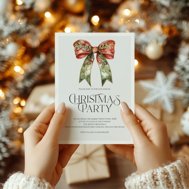 Elegant Red & Green Christmas Invite Festive bow (Creator Uploaded)