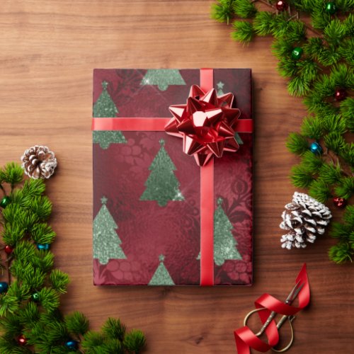 Elegant Red Green Christmas Trees Damask Wrapping Paper