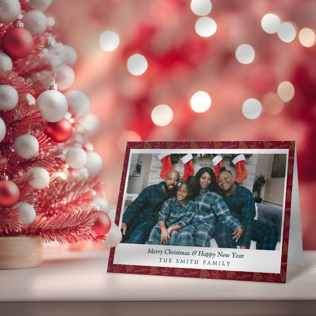 Elegant Red & Green Christmas with Trees & Photo Card (Elegant Crimson Red Christmas Greetings with Photo Holiday Fold Card)