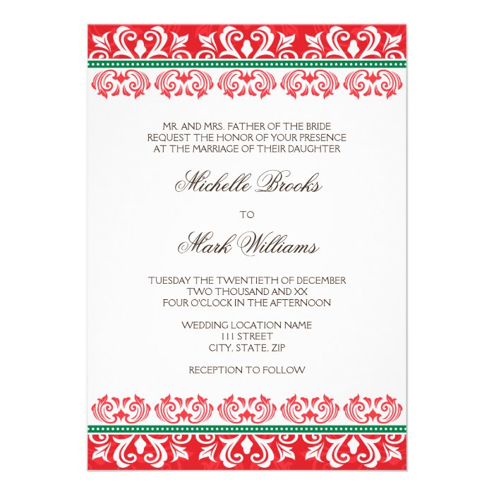 Elegant red green damask winter christmas wedding custom invitation