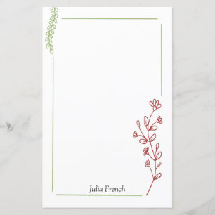 Elegant Red Green Floral Botanical Stationery