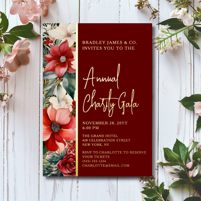 Elegant Red Green Floral Charity Event Gala Party Foil Invitation (Creator Uploaded)