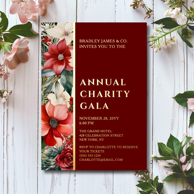 Elegant Red Green Floral Charity Event Gala Party Foil Invitation (Creator Uploaded)