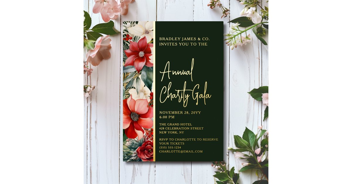 Elegant Red Green Floral Charity Event Gala Party Foil Invitation | Zazzle