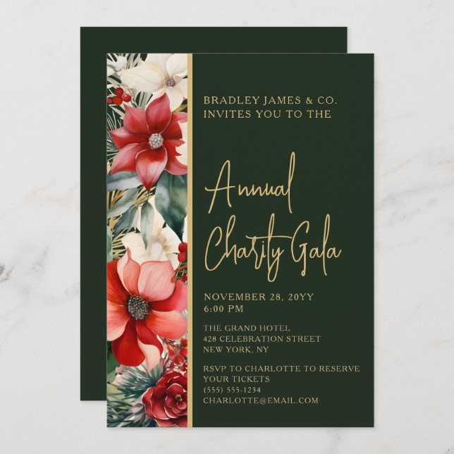 Elegant Red Green Floral Charity Event Gala Party Invitation (Front/Back)