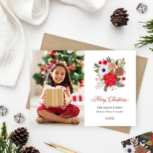Elegant Red Green Floral Christmas Greenery Photo Holiday Card