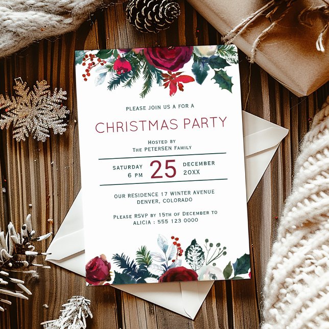 Elegant red green floral Christmas party Invitation (Creator Uploaded)
