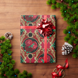 Elegant Red Green Floral Roses Holiday Wrapping Paper