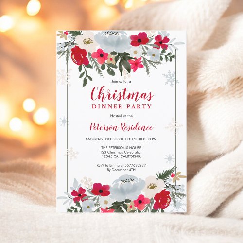 Elegant Red Green floral snowflake Christmas Invitation