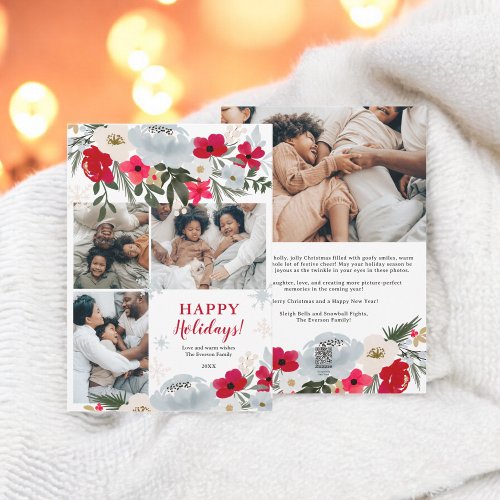 Elegant Red Green floral snowflake family 4 photos Holiday Card