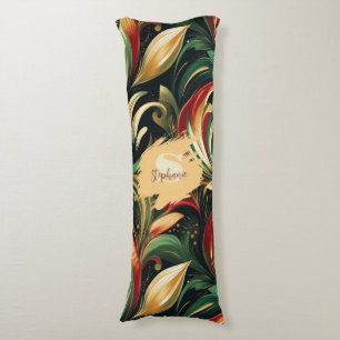 Elegant Red, Green & Gold Abstract Paisley Leaves Body Pillow