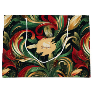 Elegant Red, Green & Gold Abstract Paisley Leaves Large Gift Bag