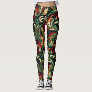 Elegant Red, Green & Gold Abstract Paisley Leaves Leggings