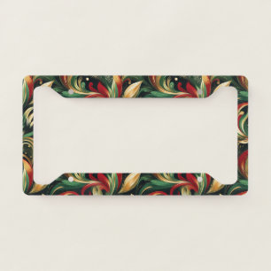 Elegant Red, Green & Gold Abstract Paisley Leaves License Plate Frame