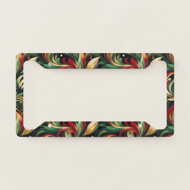 Elegant Red, Green & Gold Abstract Paisley Leaves License Plate Frame (Front)