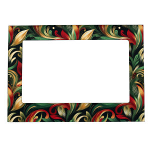 Elegant Red, Green & Gold Abstract Paisley Leaves Magnetic Frame