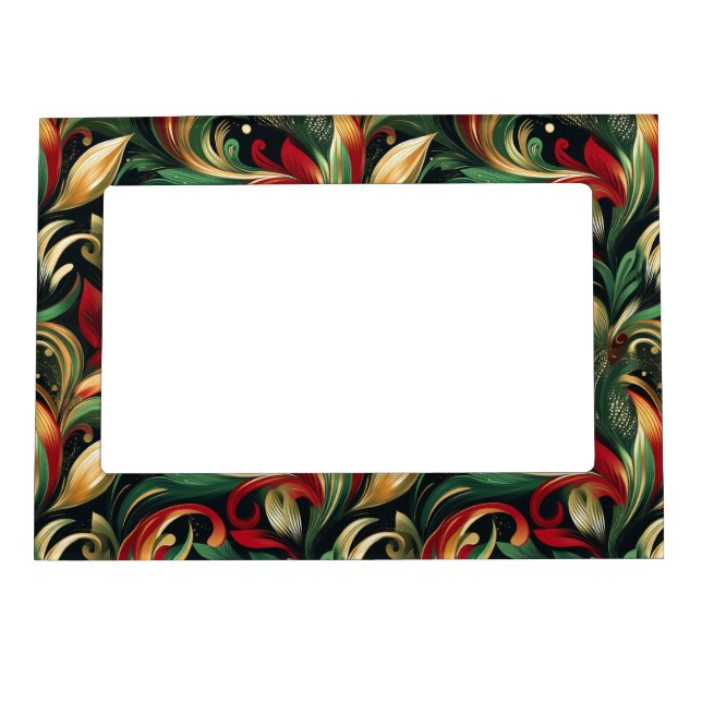 Elegant Red, Green & Gold Abstract Paisley Leaves Magnetic Frame (Front)