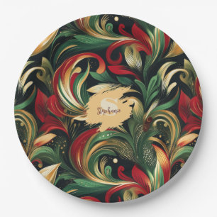 Elegant Red, Green & Gold Abstract Paisley Leaves Paper Plates
