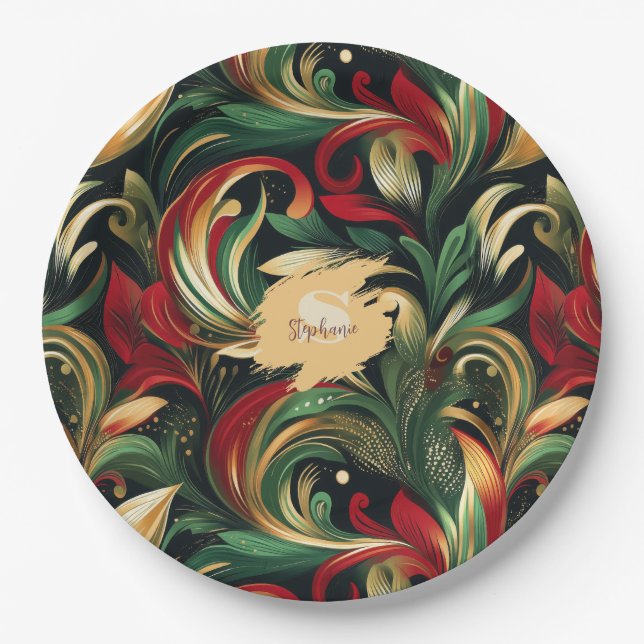 Elegant Red, Green & Gold Abstract Paisley Leaves Paper Plates (Front)