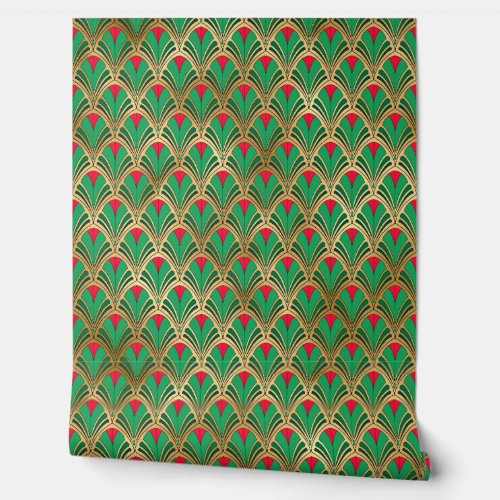 Elegant Red Green Gold Art Deco Vintage Pattern Wallpaper