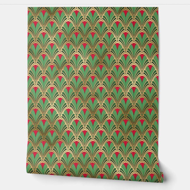 Elegant Red Green Gold Art Deco Vintage Pattern Wallpaper (Unrolling)