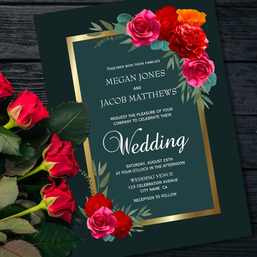 Elegant Red Green Gold Floral Wedding Invitation