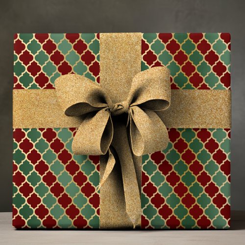 Elegant Red Green Gold Luxury Quatrefoil Pattern Wrapping Paper