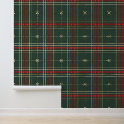 Elegant Red Green Gold Tartan Pattern Wallpaper