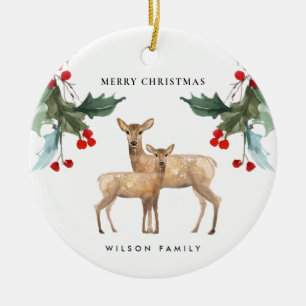ELEGANT RED GREEN HOLLY BERRY DEER DUO CHRISTMAS CERAMIC ORNAMENT