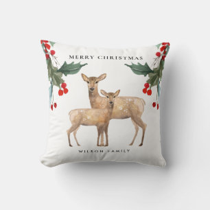ELEGANT RED GREEN HOLLY BERRY DEER DUO CHRISTMAS THROW PILLOW