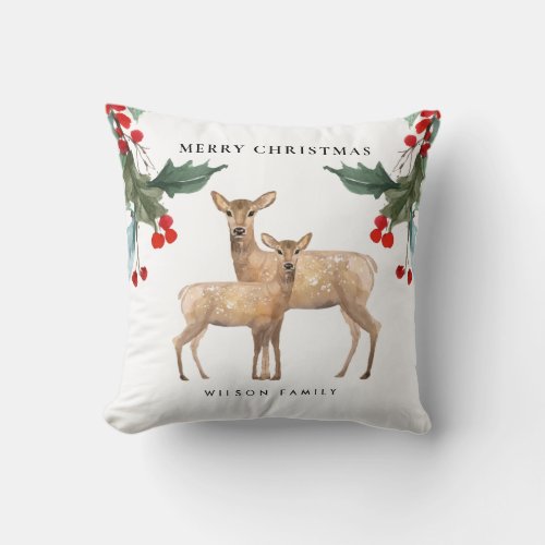 ELEGANT RED GREEN HOLLY BERRY DEER DUO CHRISTMAS THROW PILLOW