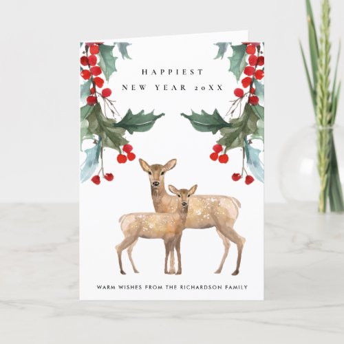 ELEGANT RED GREEN HOLLY BERRY DEER DUO NEW YEAR CARD
