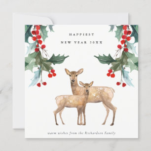 ELEGANT RED GREEN HOLLY BERRY DEER DUO NEW YEAR HOLIDAY CARD