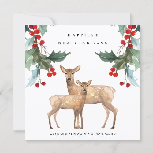 ELEGANT RED GREEN HOLLY BERRY DEER DUO NEW YEAR HOLIDAY CARD