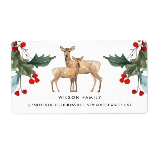 ELEGANT RED GREEN HOLLY BERRY DEER DUO NEW YEAR LABEL