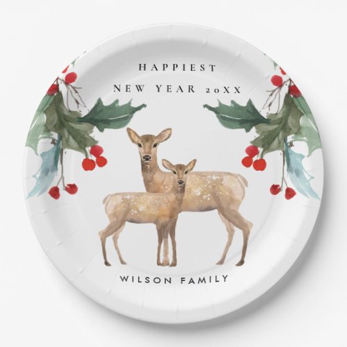 ELEGANT RED GREEN HOLLY BERRY DEER DUO NEW YEAR PAPER PLATES