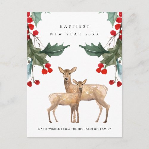 ELEGANT RED GREEN HOLLY BERRY DEER DUO NEW YEAR POSTCARD