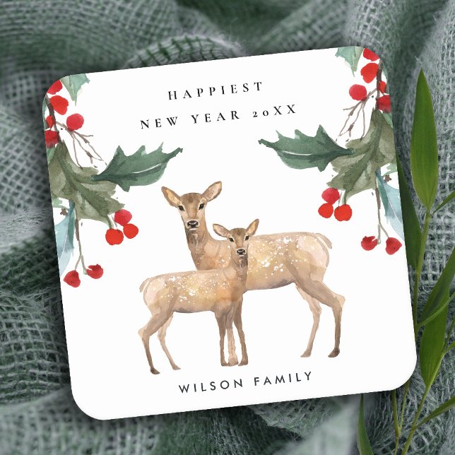 ELEGANT RED GREEN HOLLY BERRY DEER DUO NEW YEAR SQUARE PAPER COASTER (Creator Uploaded)