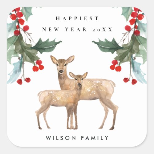 ELEGANT RED GREEN HOLLY BERRY DEER DUO NEW YEAR SQUARE STICKER