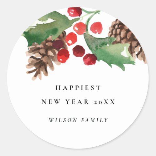 ELEGANT RED GREEN HOLLY BERRY PINE CONE NEW YEAR CLASSIC ROUND STICKER