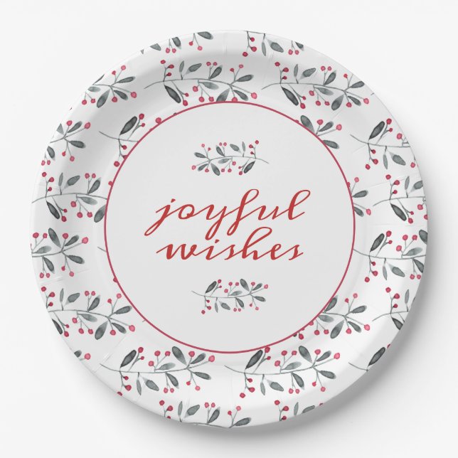 Elegant Red & Green Holly Branches Christmas Paper Plates (Front)