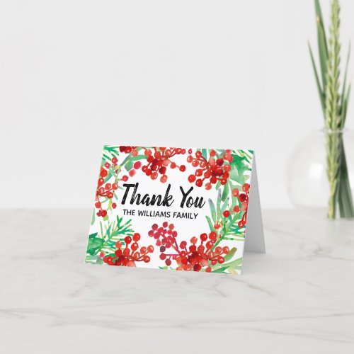 Elegant Red Green Holly Family Name Holiday Thank You Card