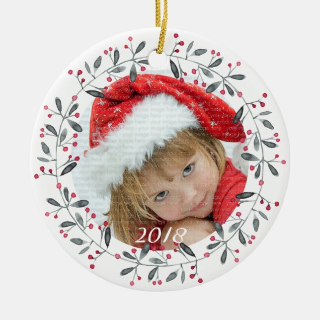 Elegant Red & Green Holly Wreath Christmas Ceramic Ornament (Front)