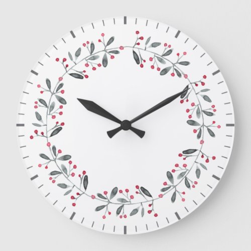 Elegant Red  Green Holly Wreath Christmas Large Clock