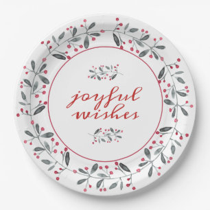 Elegant Red & Green Holly Wreath Christmas Paper Plates