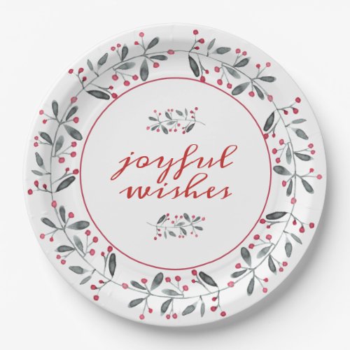 Elegant Red  Green Holly Wreath Christmas Paper Plates
